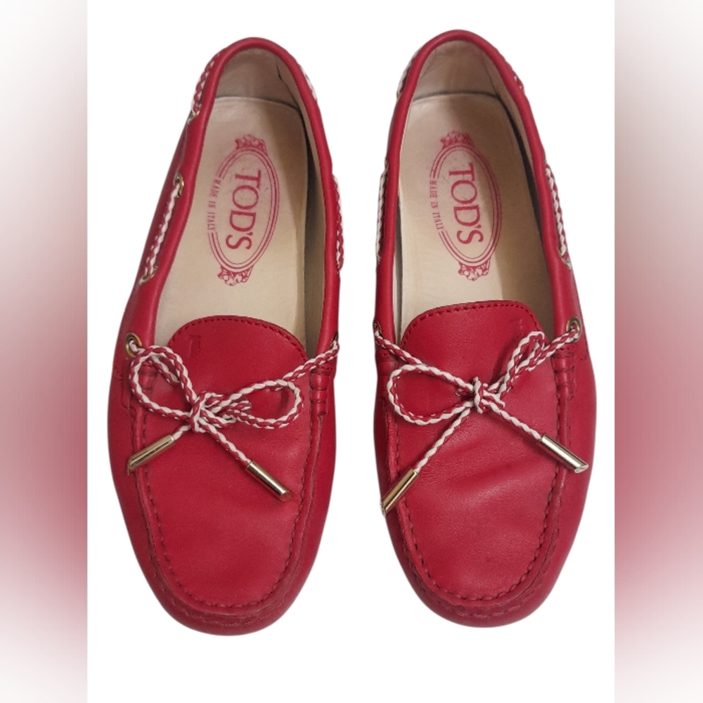 Tods Red Leather Moccasins Loafers Y2k